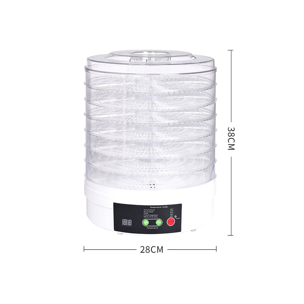 Food Dehydrator with transparent trays and adjustable height for drying fruits, vegetables, and beef jerky.