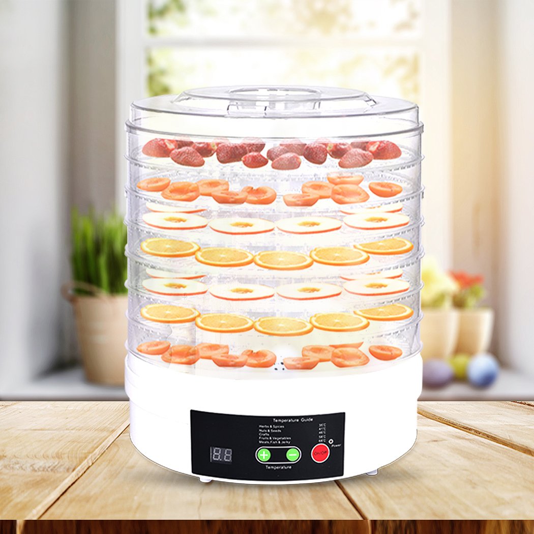 Food Dehydrator with transparent trays and adjustable height for drying fruits, vegetables, and beef jerky.