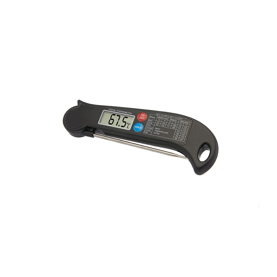 Digital food thermometer with a stainless steel probe, featuring a clear LCD display and a magnetic back for easy storage.