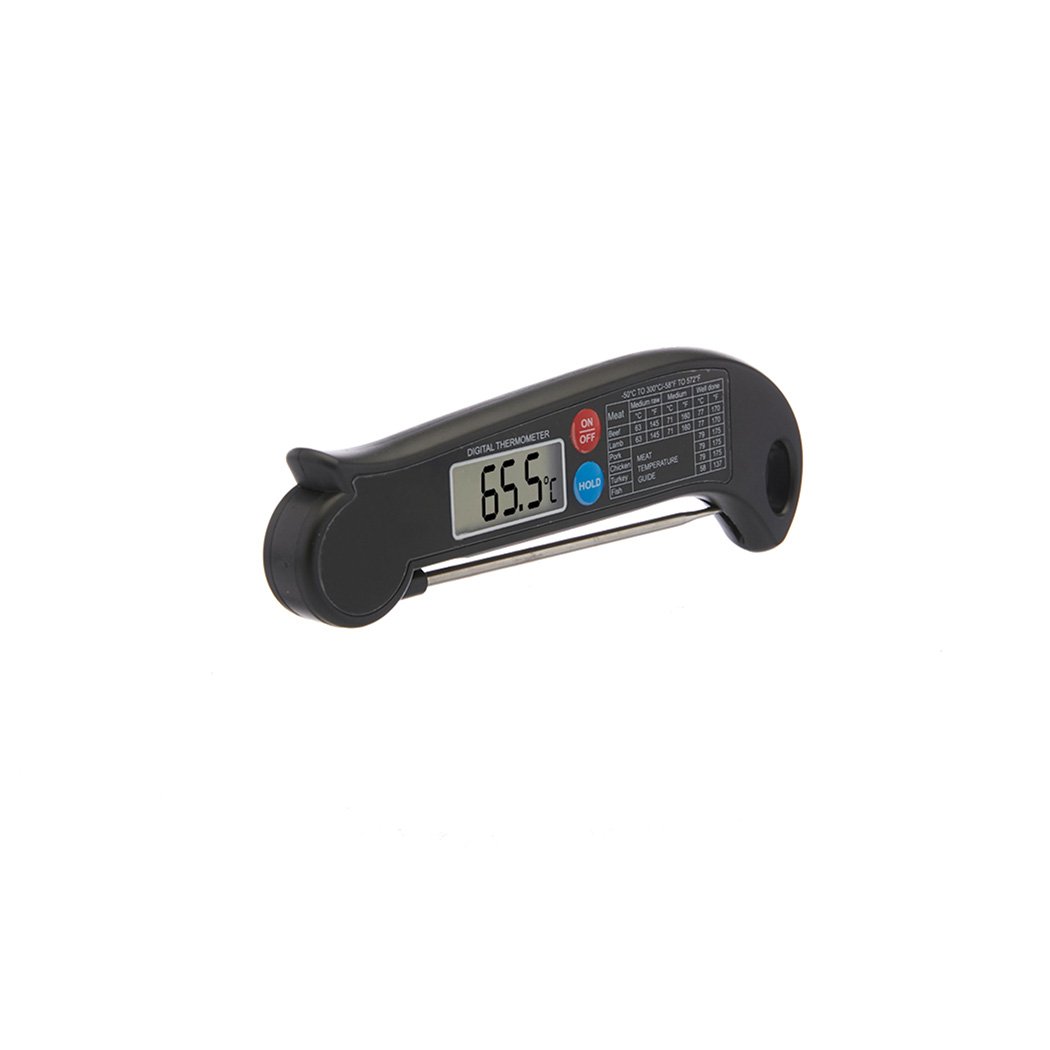 Digital food thermometer with a stainless steel probe, featuring a clear LCD display and a magnetic back for easy storage.