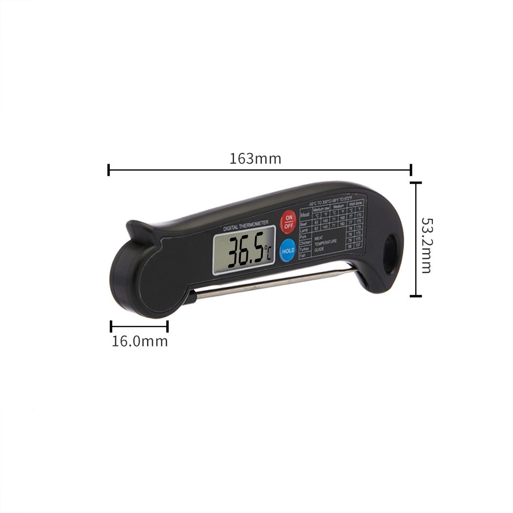 Digital food thermometer with a stainless steel probe, featuring a clear LCD display and a magnetic back for easy storage.