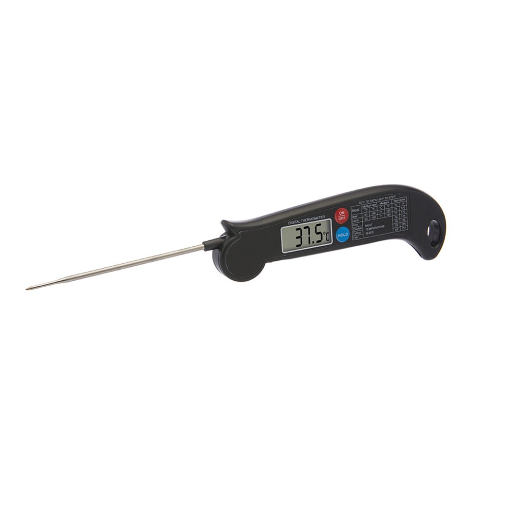 Digital food thermometer with a stainless steel probe, featuring a clear LCD display and a magnetic back for easy storage.