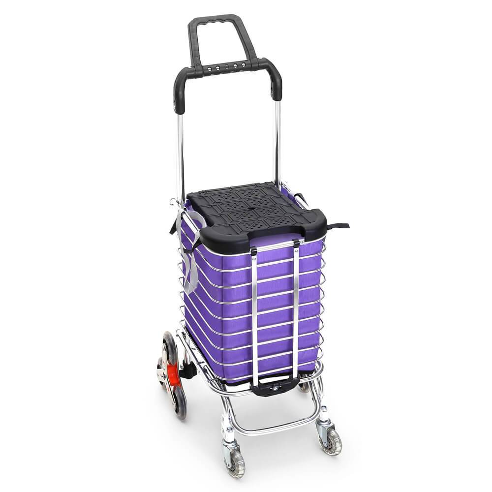 Foldable shopping cart trolley with stainless steel basket and purple shopping bag, featuring swivel wheels and a compact design.