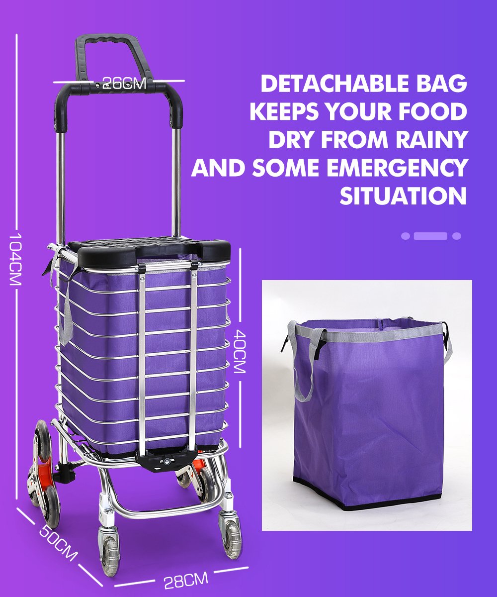 Foldable shopping cart trolley with stainless steel basket and purple shopping bag, featuring swivel wheels and a compact design.