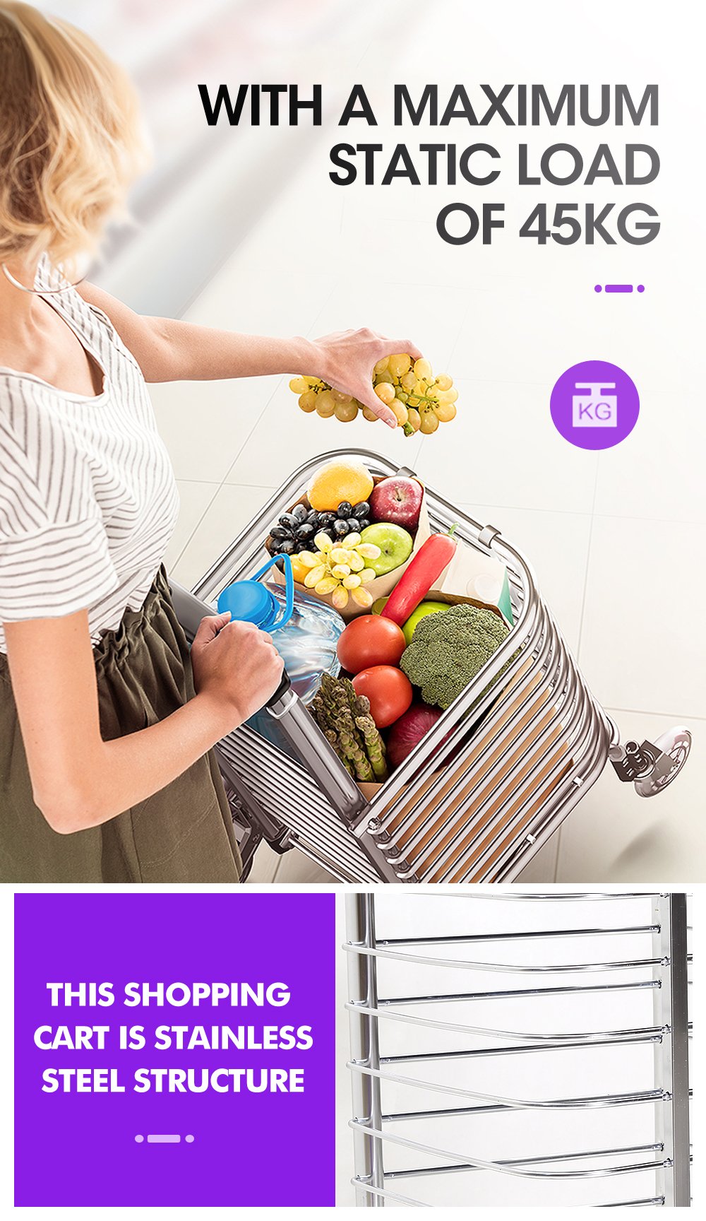 Foldable shopping cart trolley with stainless steel basket and purple shopping bag, featuring swivel wheels and a compact design.