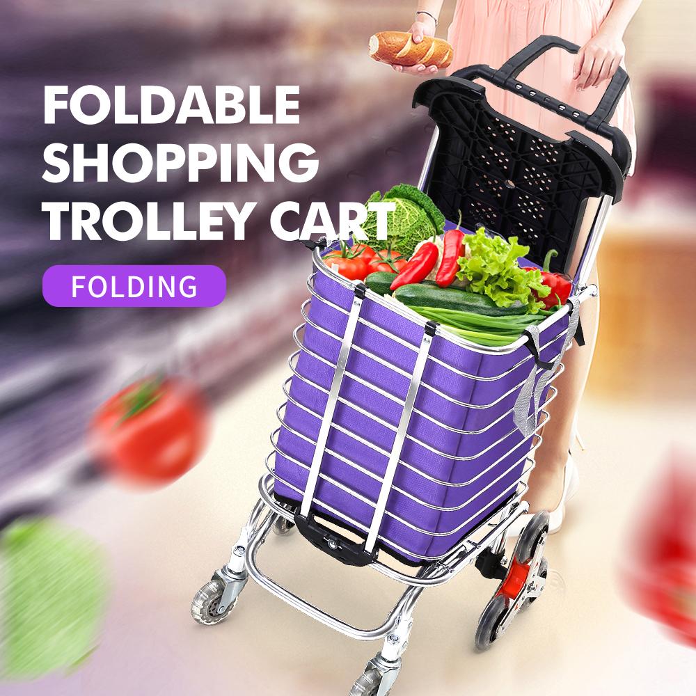 Foldable shopping cart trolley with stainless steel basket and purple shopping bag, featuring swivel wheels and a compact design.