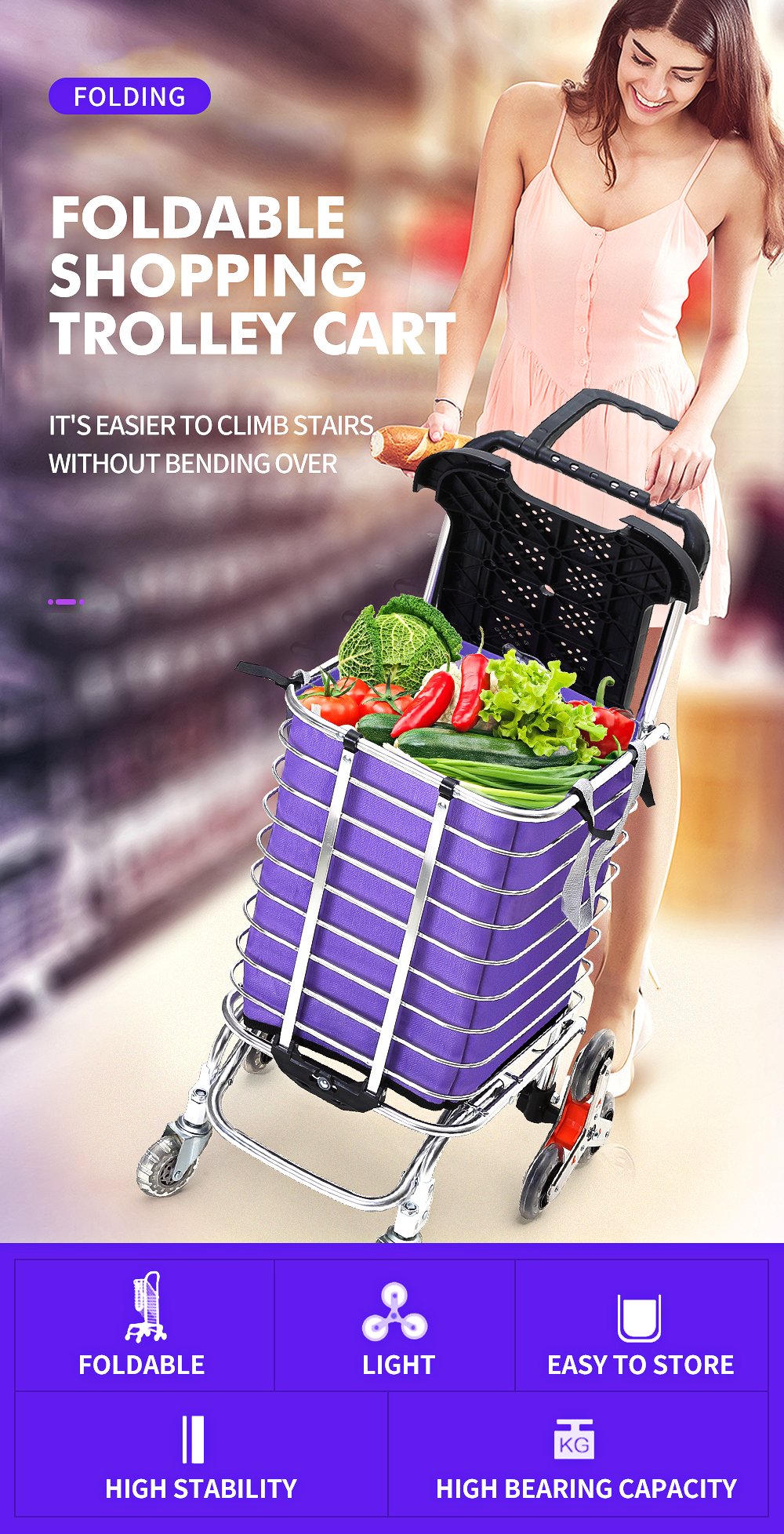 Foldable shopping cart trolley with stainless steel basket and purple shopping bag, featuring swivel wheels and a compact design.