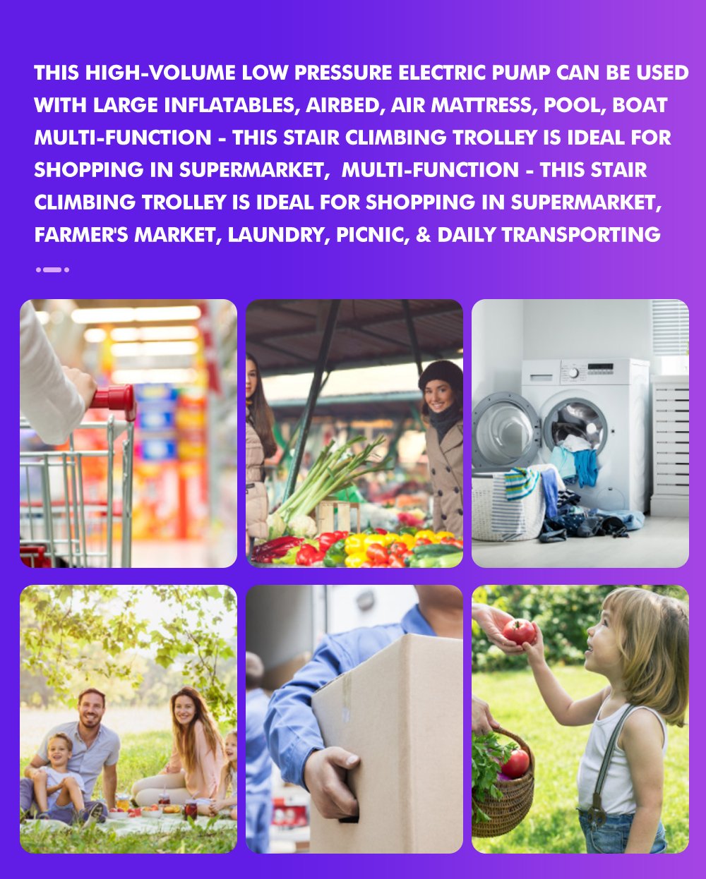 Foldable shopping cart trolley with stainless steel basket and purple shopping bag, featuring swivel wheels and a compact design.