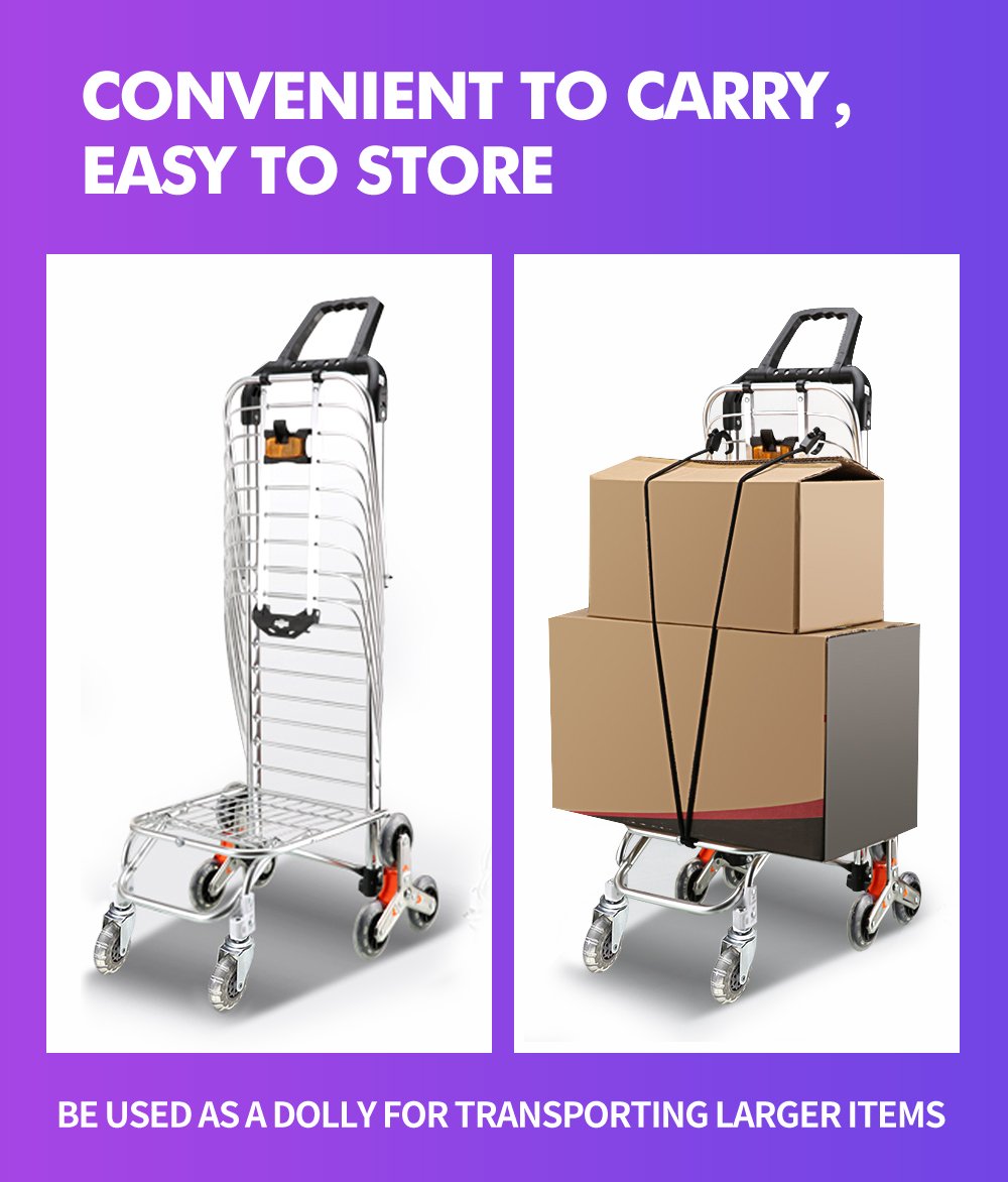 Foldable shopping cart trolley with stainless steel basket and purple shopping bag, featuring swivel wheels and a compact design.