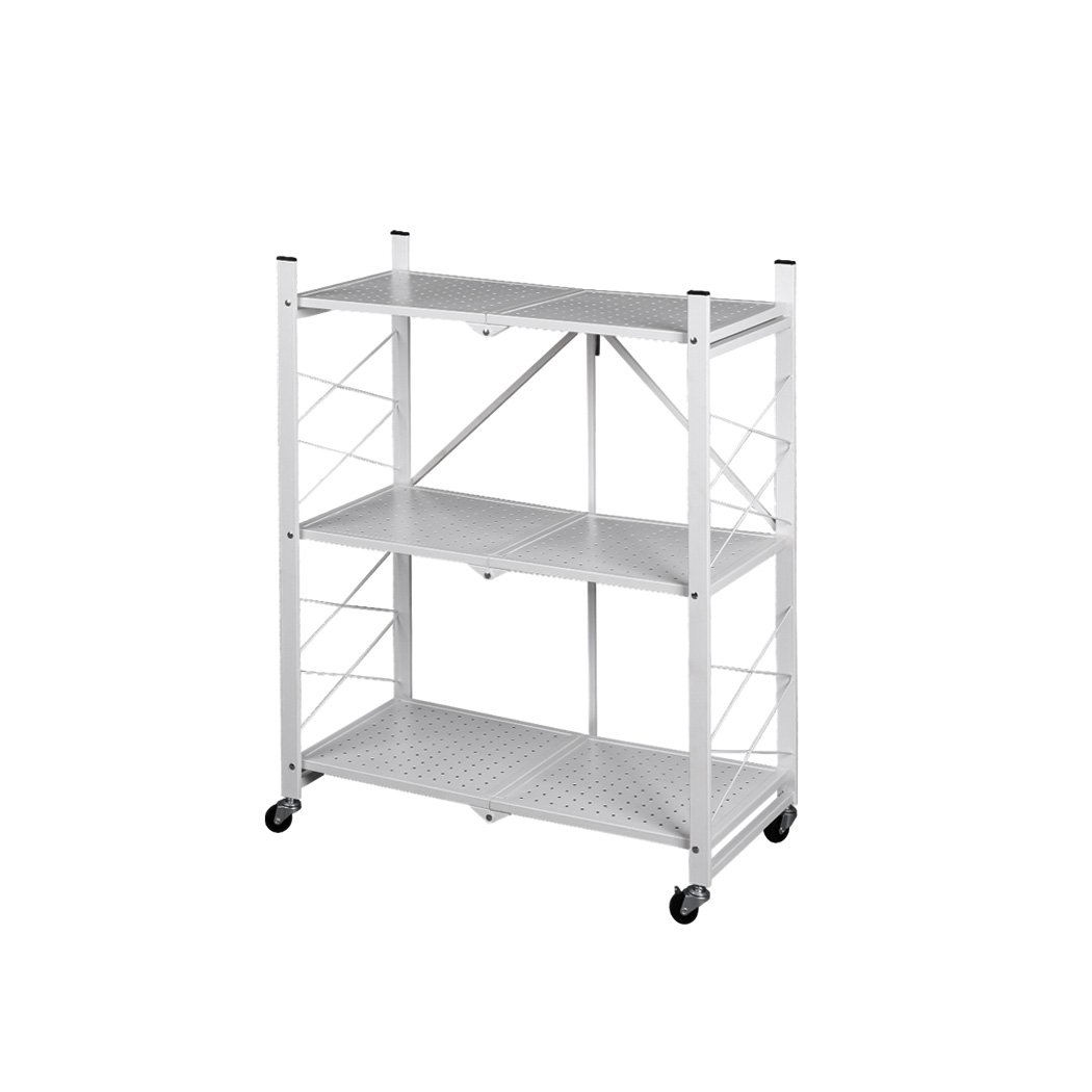 Foldable Storage Shelf Display Rack with three tiers, sturdy steel frame, and 360-degree rolling wheels, ideal for organizing books and plants.