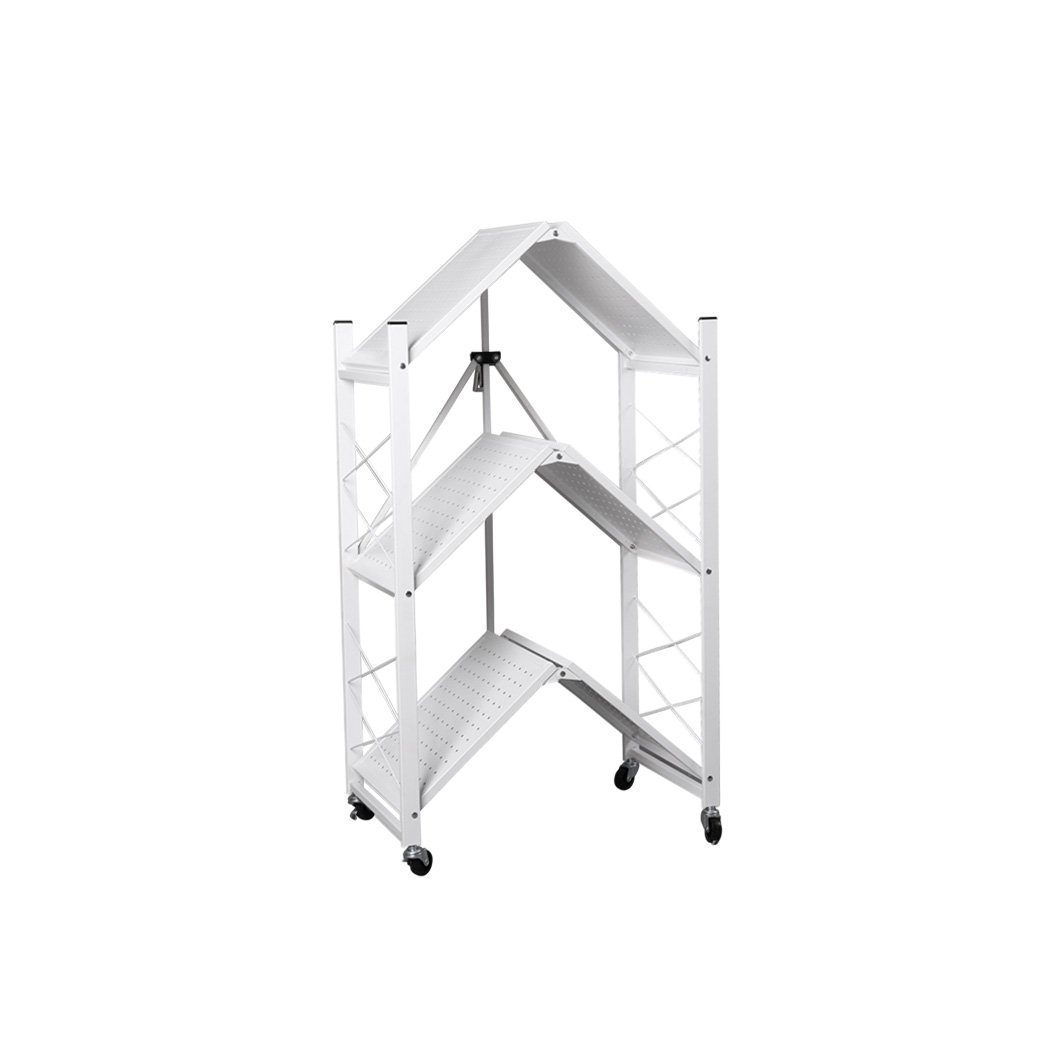 Foldable Storage Shelf Display Rack with three tiers, sturdy steel frame, and 360-degree rolling wheels, ideal for organizing books and plants.