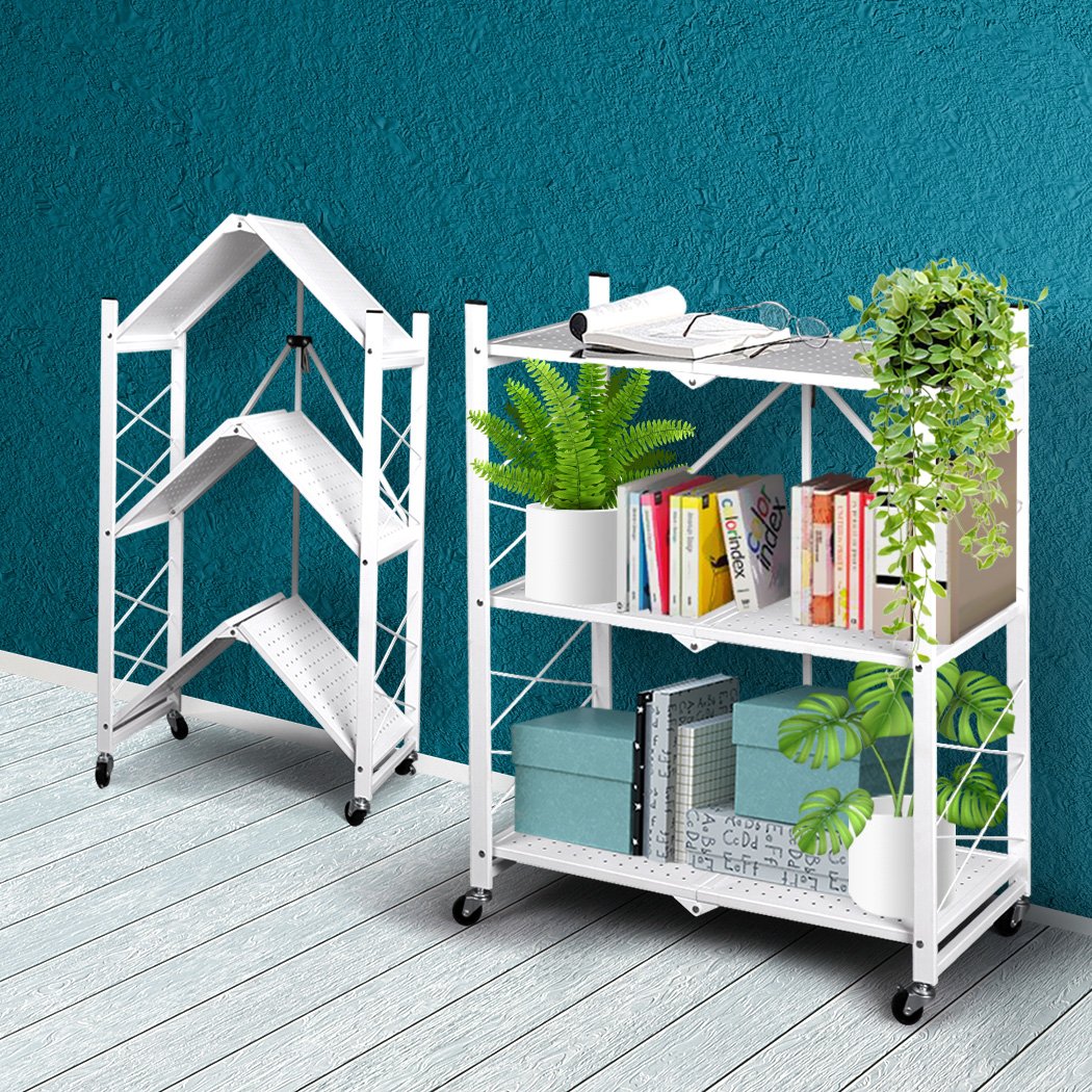 Foldable Storage Shelf Display Rack with three tiers, sturdy steel frame, and 360-degree rolling wheels, ideal for organizing books and plants.
