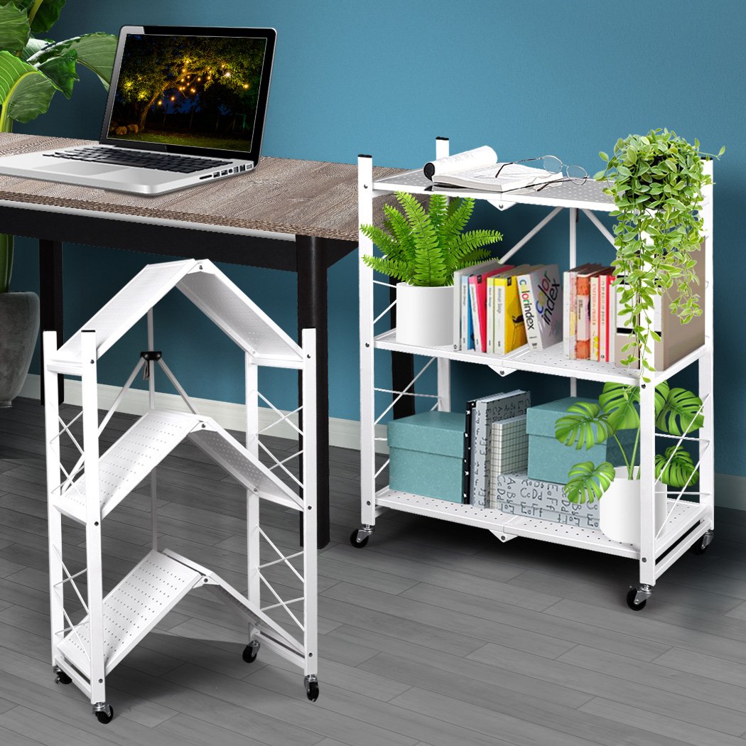 Foldable Storage Shelf Display Rack with three tiers, sturdy steel frame, and 360-degree rolling wheels, ideal for organizing books and plants.