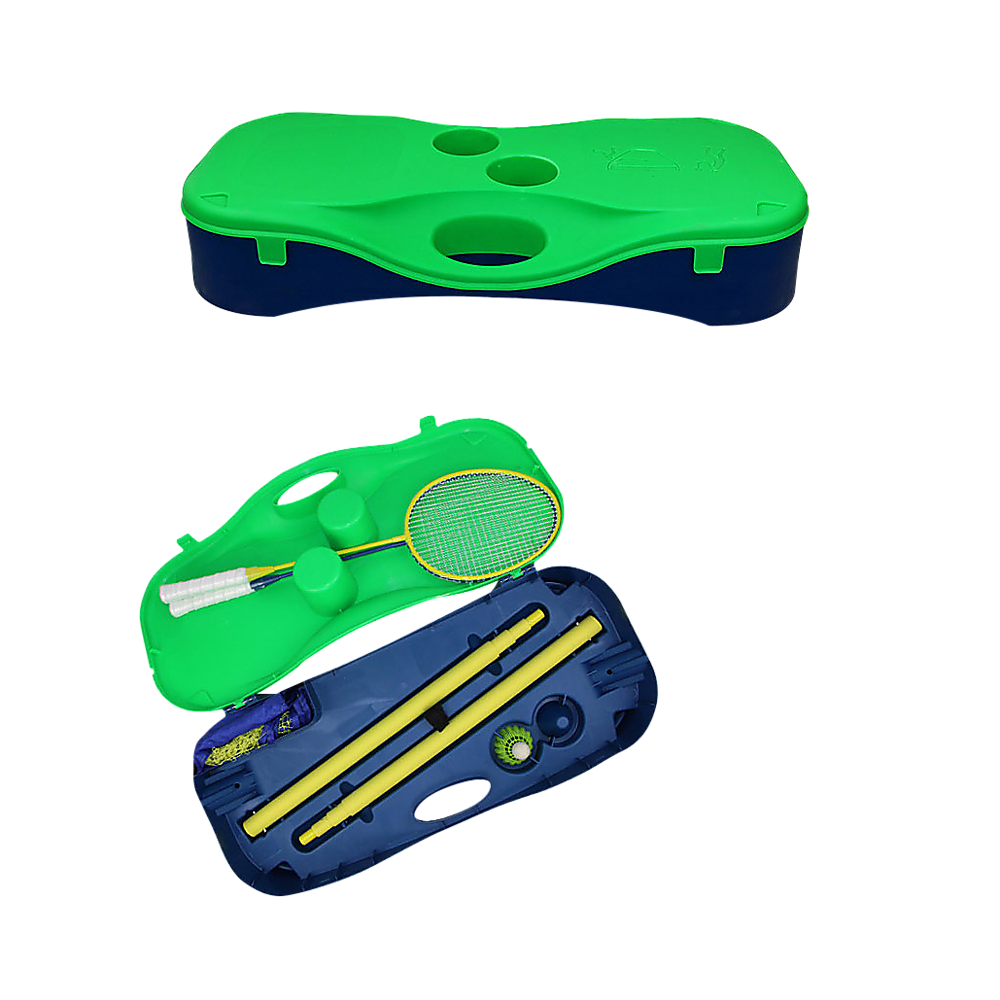 Folding Portable Badminton Combo Set with net, rackets, and fillable base, ideal for outdoor sports.