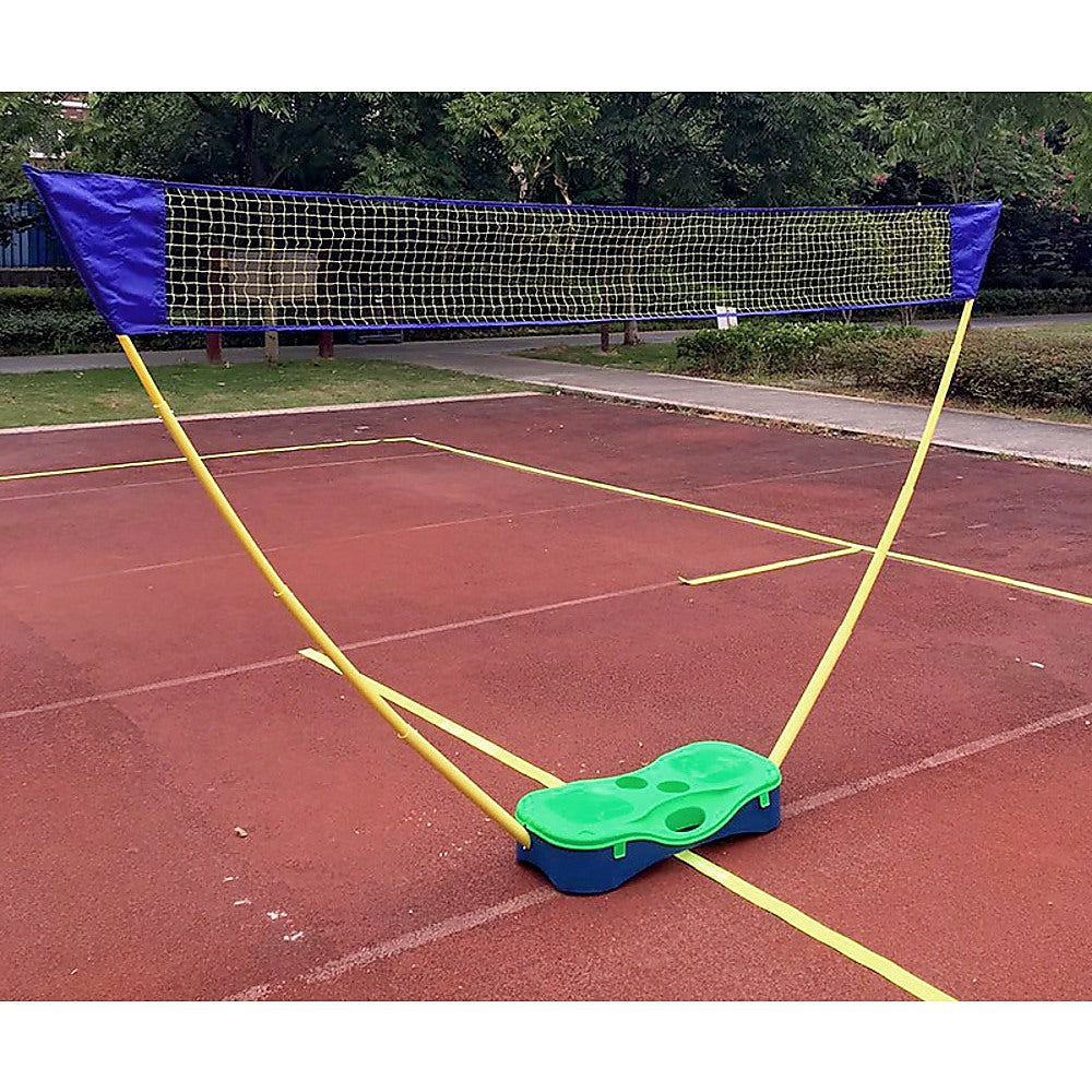 Folding Portable Badminton Combo Set with net, rackets, and fillable base, ideal for outdoor sports.