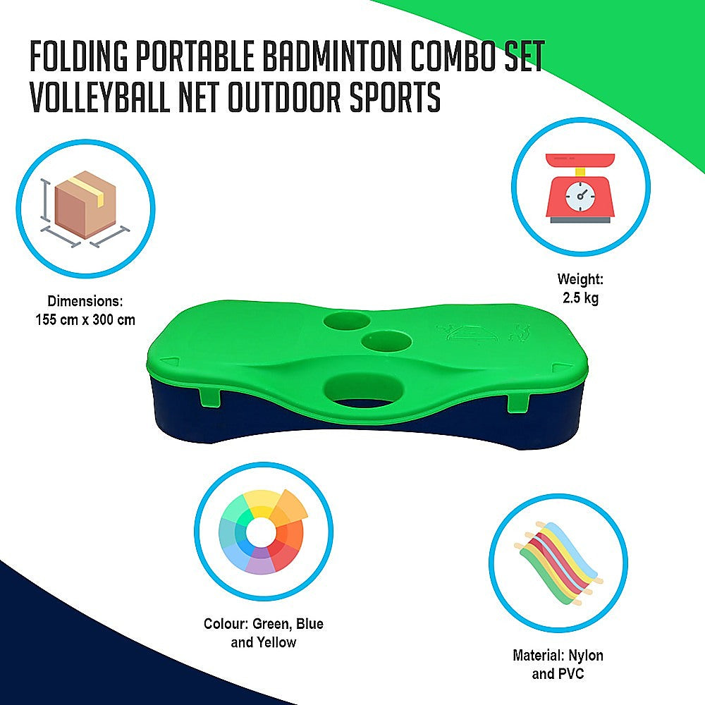 Folding Portable Badminton Combo Set with net, rackets, and fillable base, ideal for outdoor sports.