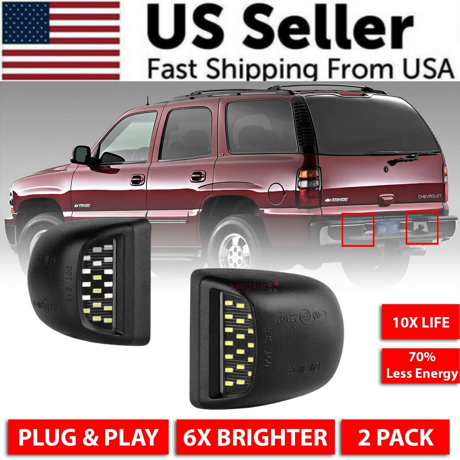 LED license plate light for 00-06 Chevy Tahoe, Suburban, and GMC Yukon XL, showcasing bright white illumination and durable design.