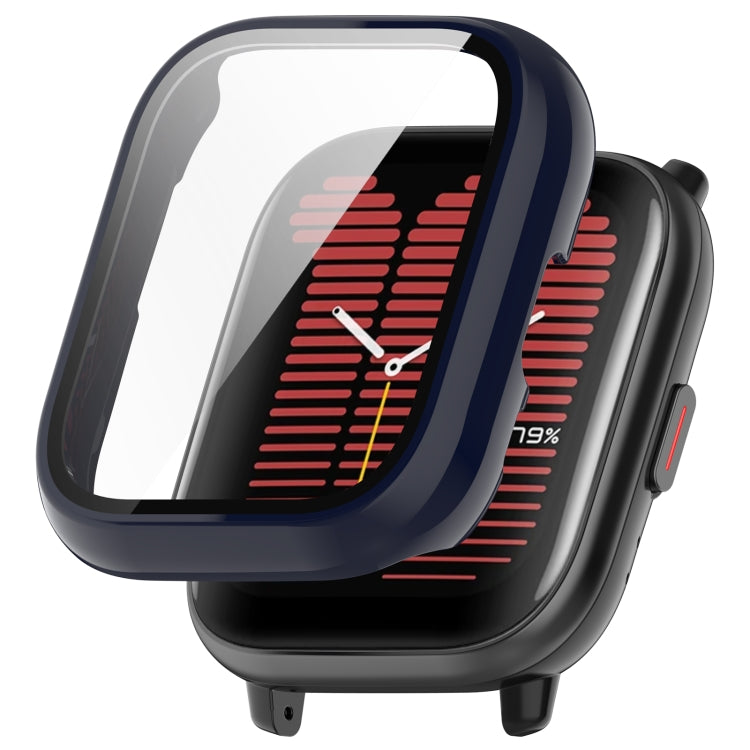 Blue tempered glass watch case for Amazfit Aactive, showcasing its ergonomic design and protective features.