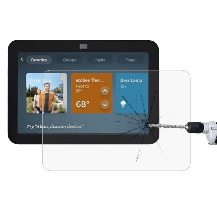 Tempered glass screen protector for Amazon Echo Show 8, showcasing its ultra-thin design and high hardness for maximum protection.
