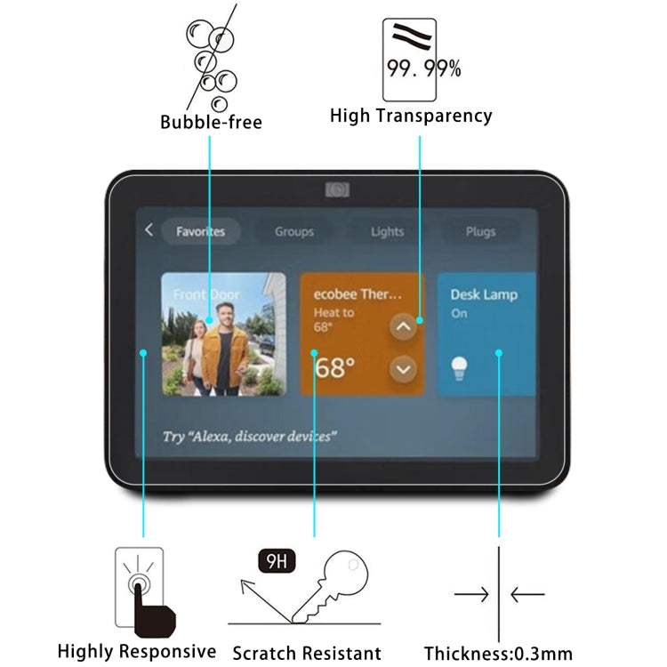Tempered glass screen protector for Amazon Echo Show 8, showcasing its ultra-thin design and high hardness for maximum protection.