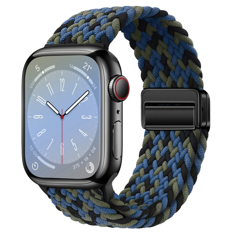 Nylon woven magnetic fold buckle watch strap for Apple Watch SE 2023, showcasing its soft texture and adjustable metal buckle.