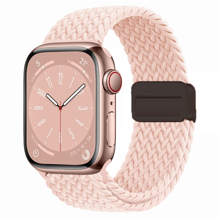 Nylon woven magnetic fold buckle watch strap for Apple Watch SE 2023, showcasing its soft texture and adjustable metal buckle.