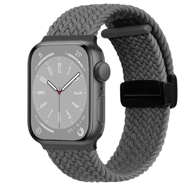 Nylon woven magnetic fold buckle watch strap for Apple Watch Series 5, showcasing its soft texture and adjustable metal buckle.
