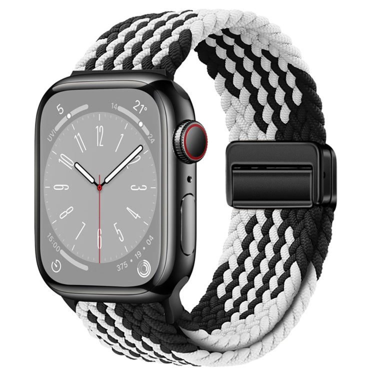 Nylon woven magnetic fold buckle watch strap for Apple Watch Series 9, showcasing its soft texture and adjustable metal buckle.