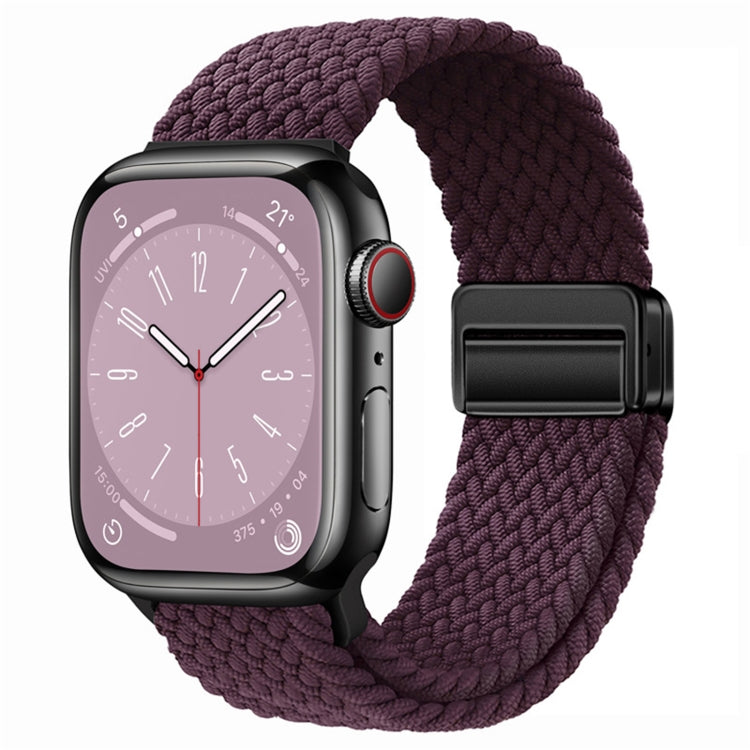 Nylon woven magnetic fold buckle watch strap for Apple Watch Ultra 49mm in various colors, showcasing its soft texture and adjustable metal buckle.