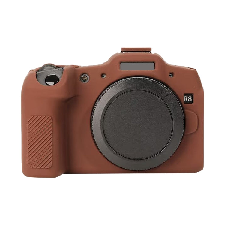 Coffee colored soft silicone protective case for Canon EOS R8 camera, showcasing its flexible and durable design.