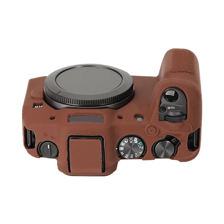 Coffee colored soft silicone protective case for Canon EOS R8 camera, showcasing its flexible and durable design.