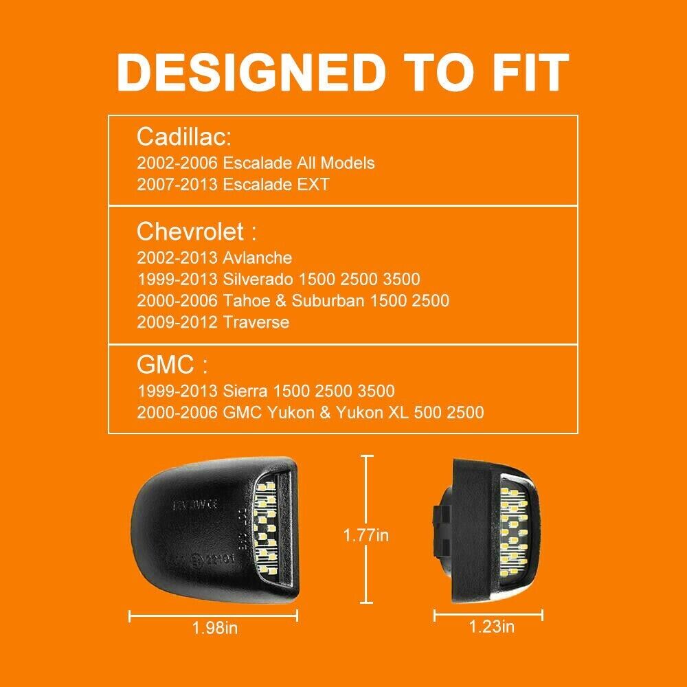 BRIGHT SMD LED License Plate Lights for Chevy Silverado Avalanche 1999-2013, showcasing bright white illumination and durable design.