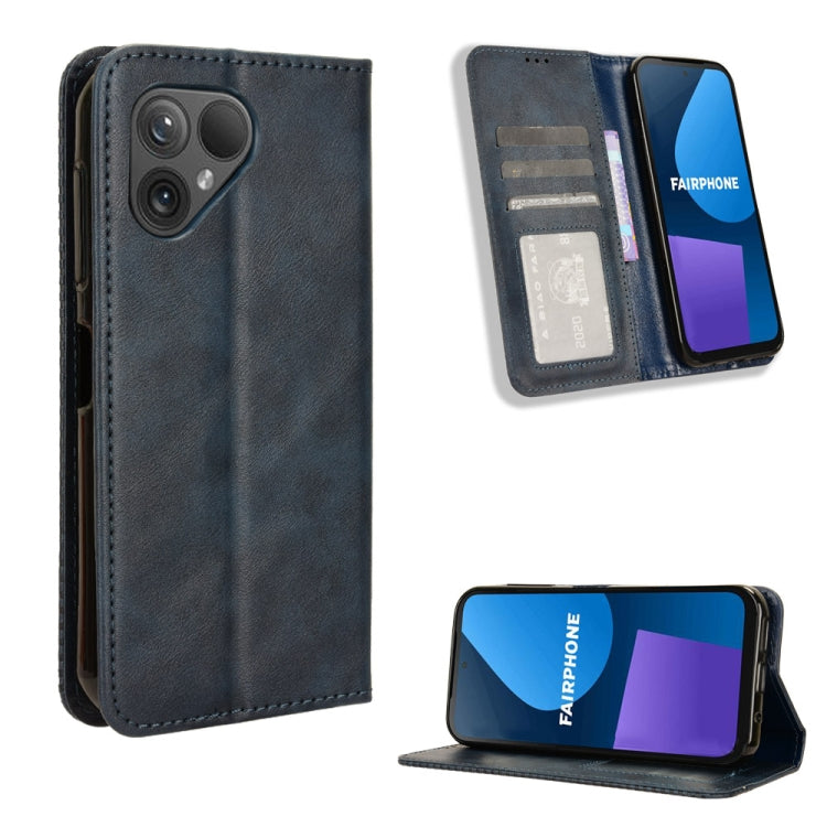 Blue magnetic buckle leather phone case for Fairphone 5, featuring retro texture and card slots.