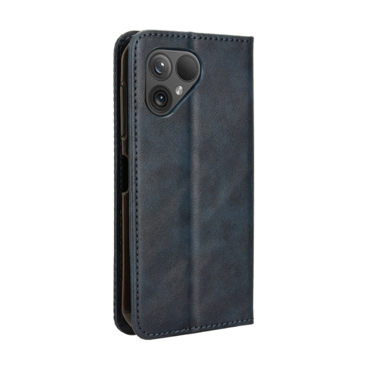 Blue magnetic buckle leather phone case for Fairphone 5, featuring retro texture and card slots.