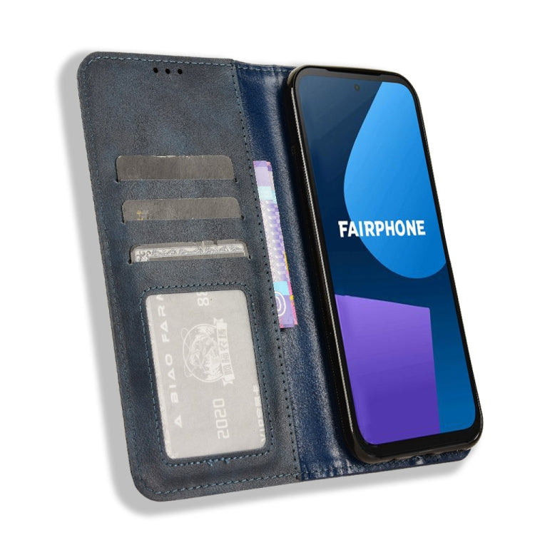 Blue magnetic buckle leather phone case for Fairphone 5, featuring retro texture and card slots.