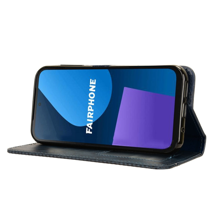 Blue magnetic buckle leather phone case for Fairphone 5, featuring retro texture and card slots.