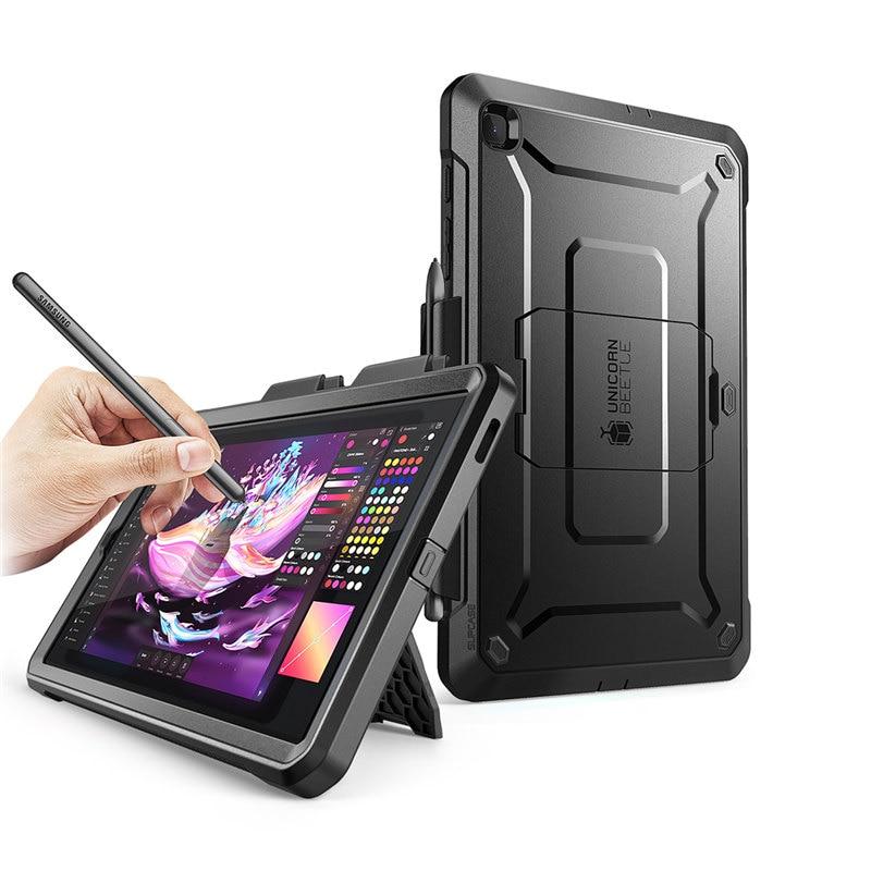 Full-body protective case for Galaxy Tab S6 Lite 10.4 with built-in screen protector and S Pen holder, showcasing a sleek black design.