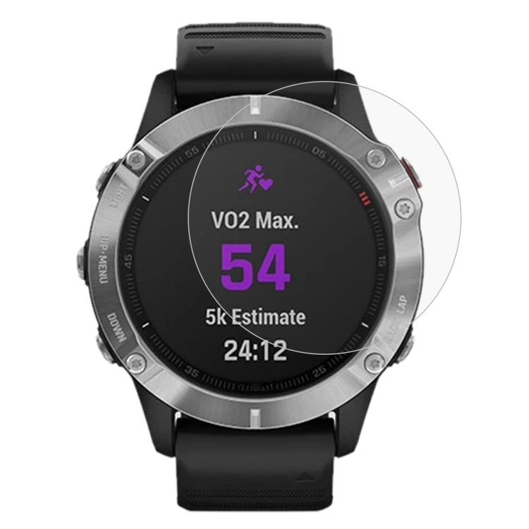 Tempered glass screen protector for Garmin Fenix 6, showcasing its clarity and durability.