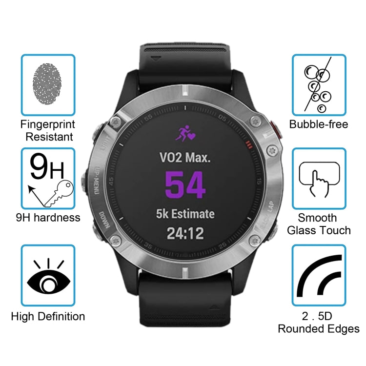 Tempered glass screen protector for Garmin Fenix 6, showcasing its clarity and durability.