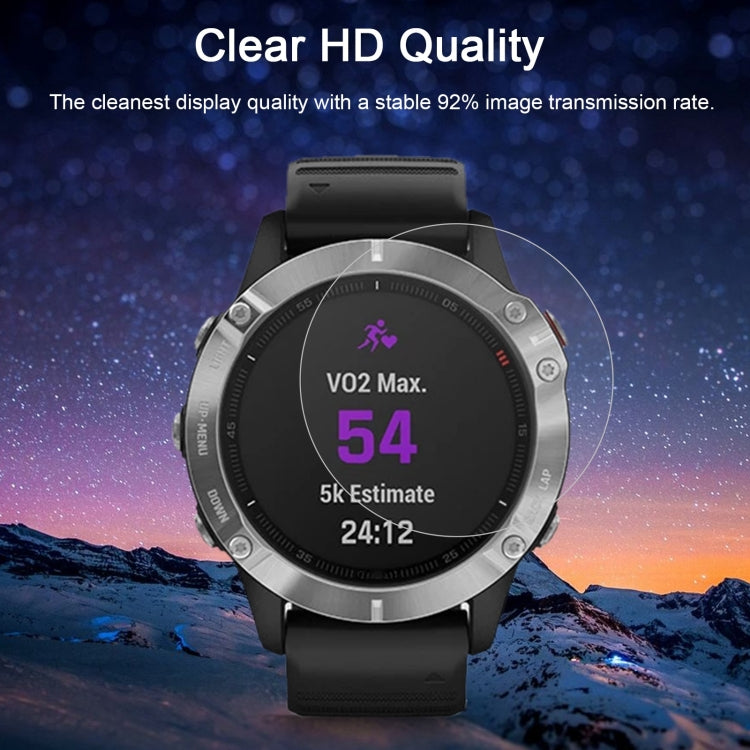 Tempered glass screen protector for Garmin Fenix 6, showcasing its clarity and durability.