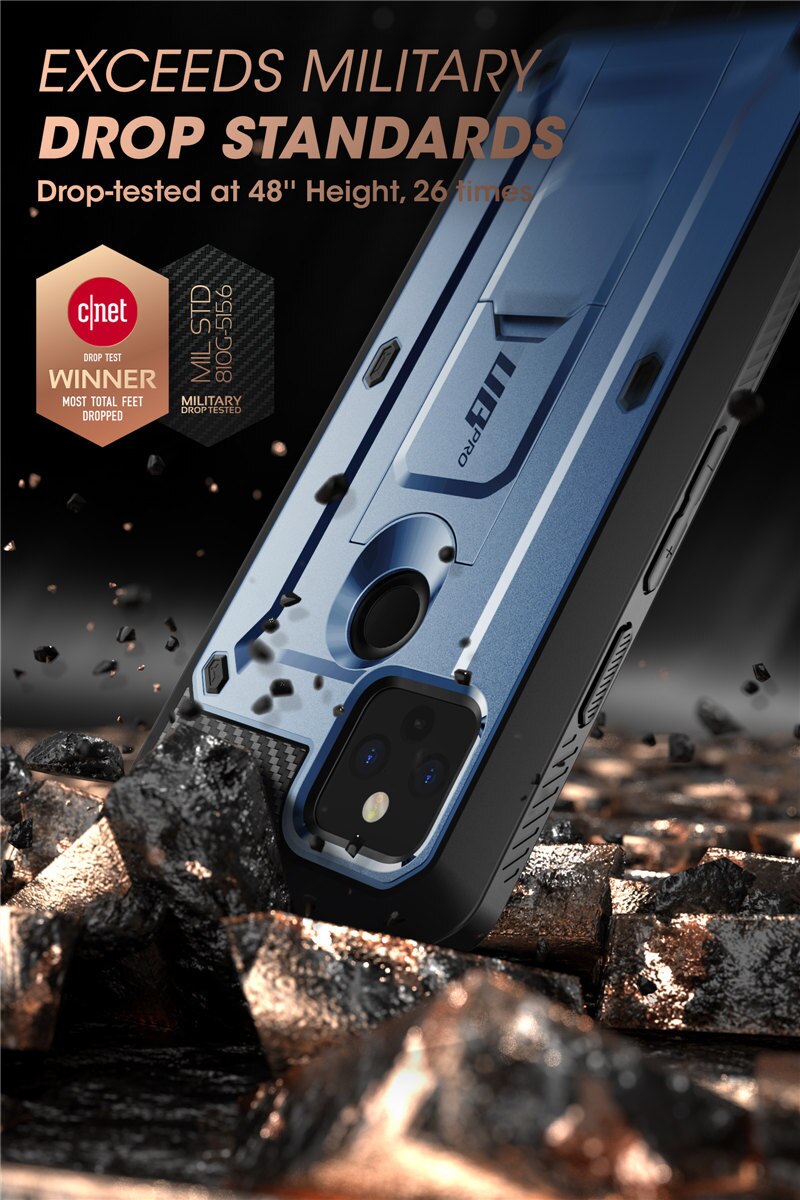 For Google Pixel 4A 5G UB Pro Full-Body Rugged Holster Case in Black, showcasing its durable design and built-in screen protector.