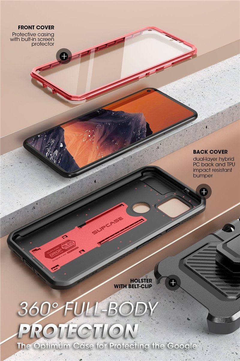 For Google Pixel 4A 5G UB Pro Full-Body Rugged Holster Case in Black, showcasing its durable design and built-in screen protector.