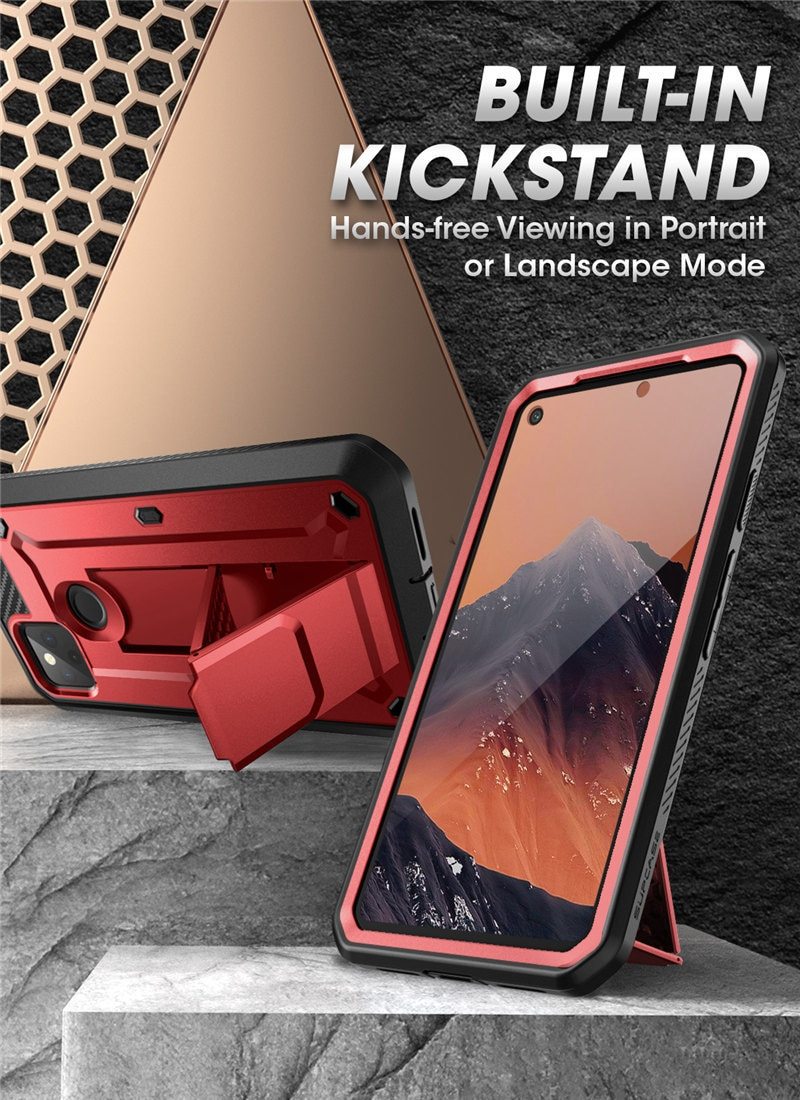 For Google Pixel 4A 5G UB Pro Full-Body Rugged Holster Case in Black, showcasing its durable design and built-in screen protector.