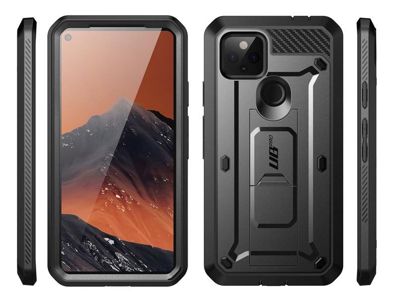 For Google Pixel 4A 5G UB Pro Full-Body Rugged Holster Case in Black, showcasing its durable design and built-in screen protector.