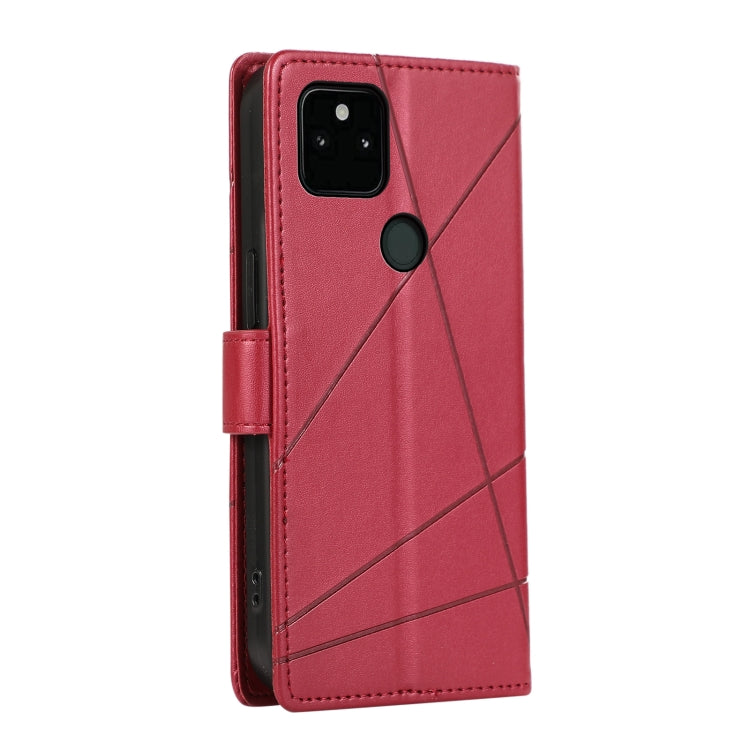 For Google Pixel 5a 5G PU leather phone case with embossed texture, featuring card slots and a wrist strap.