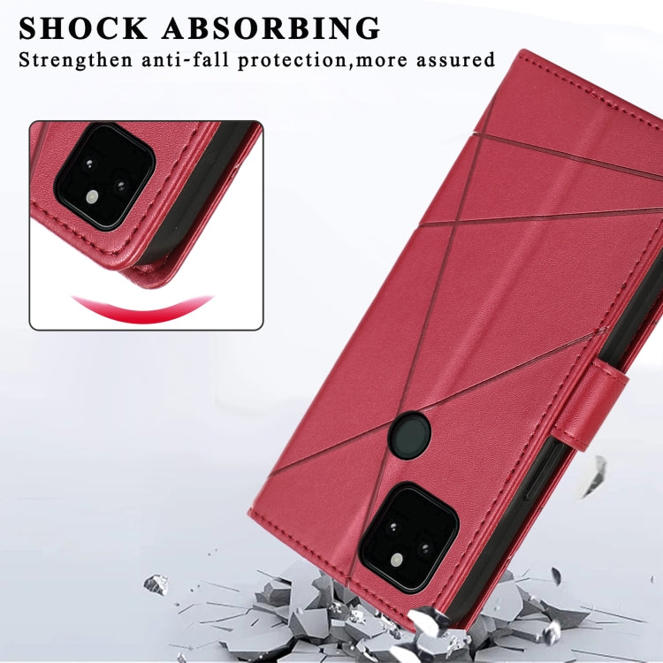 For Google Pixel 5a 5G PU leather phone case with embossed texture, featuring card slots and a wrist strap.