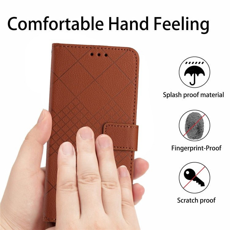 Brown leather phone case for Google Pixel 7 Pro with rhombic grid texture, showcasing its stylish design and card slots.