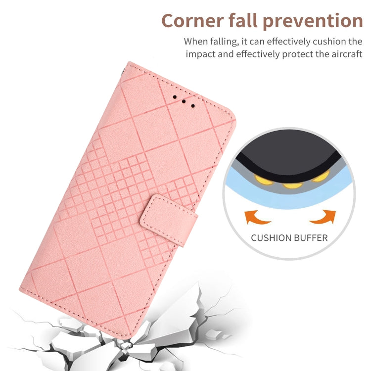Pink rhombic grid texture leather phone case for Google Pixel 7a, showcasing its stylish design and protective features.