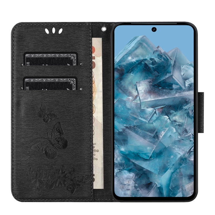 Black Butterfly Embossed Flip Leather Phone Case for Google Pixel 8, showcasing its elegant design and functional features.