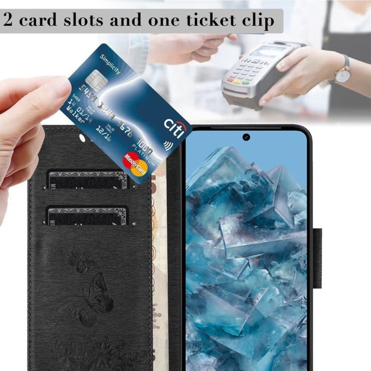 Black Butterfly Embossed Flip Leather Phone Case for Google Pixel 8, showcasing its elegant design and functional features.